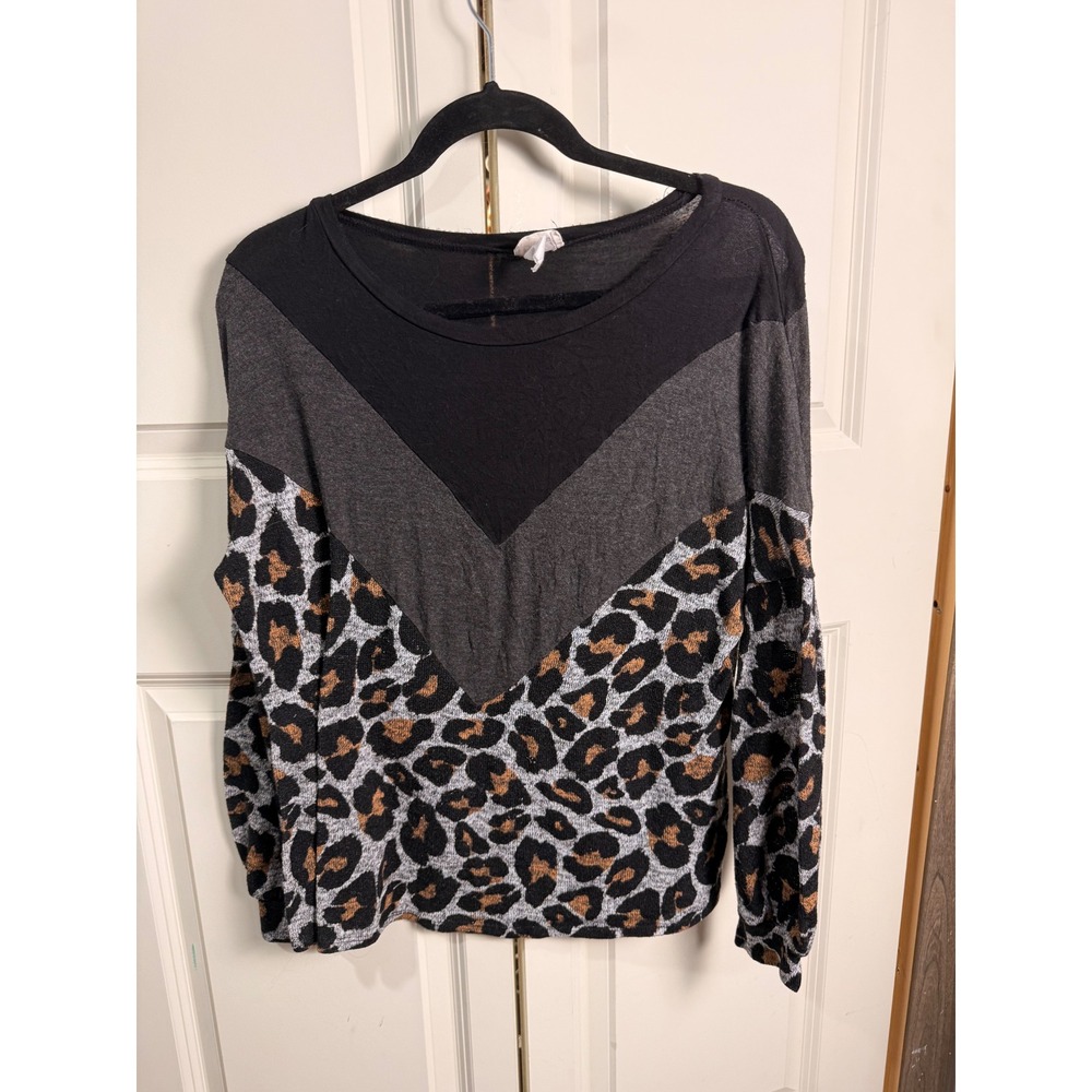 BiBi Womens Leopard Print Chevron Colorblock Long Sleeve Top Black Grey Small